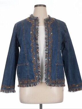 Ruby Rd Denim Fringe Open Jacket - Blue 14